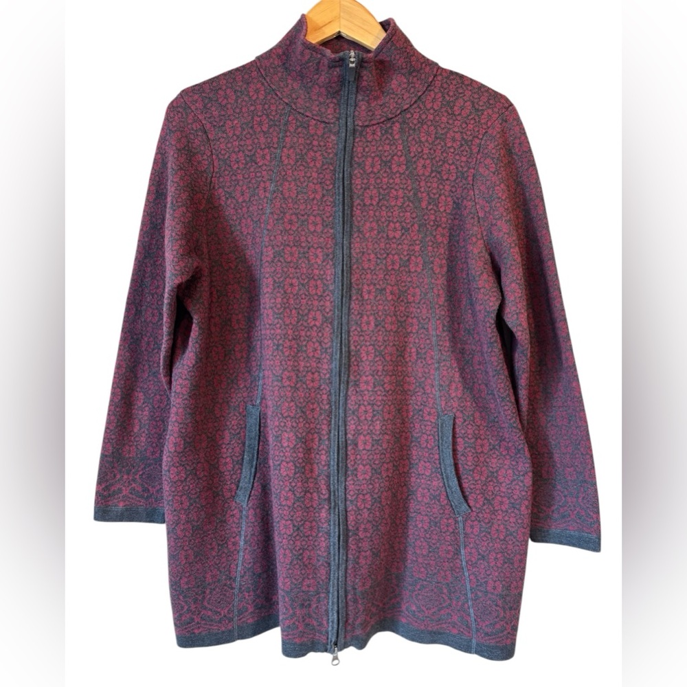 Artisan NY Womens Long Full Double Zipper Long Red Gray Cardigan Size 1X